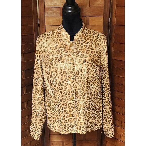 Chicos Leopard Print Jacket Size 2 (Large 12) Jacket Metallic Gold Buttons NEW - Picture 1 of 8